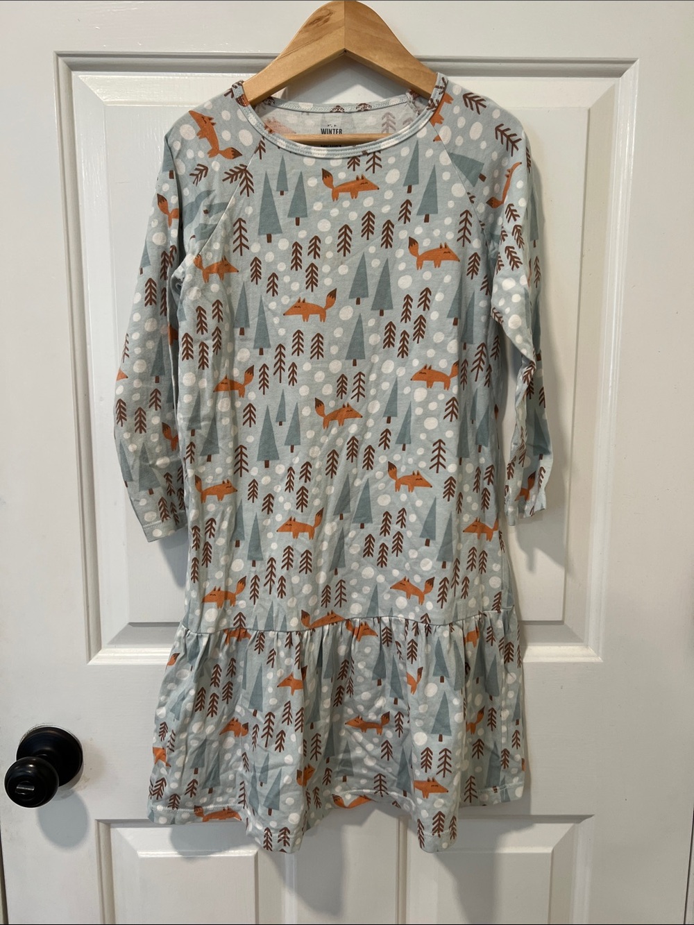 Kids Long Sleeve Fox Print Drop-Waist Dress - Light Blue with Orange Foxes